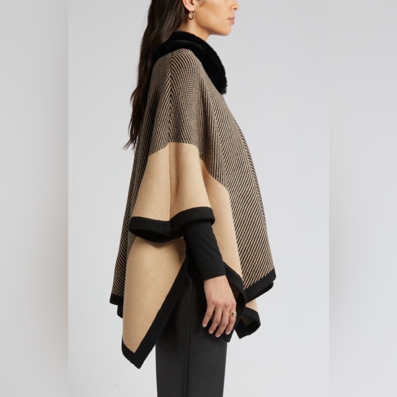 Anne Klein Zip-Up Oversized Poncho With Faux Fur Collar Tan/Black Size M - Picture 3 of 12